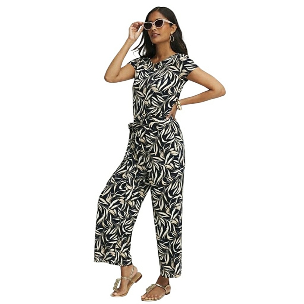 NWT Chico's Travelers Leaf Jumpsuit Short Sleeve Tie Waist Navy Cream Tropical - Picture 1 of 17